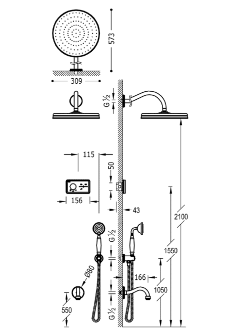 Tres Clasic SHOWER TECHNOLOGY zestaw prysznicowy termostatyczny z baterią podtynkową z deszczownicą stary mosiądz 092.263.01.LV