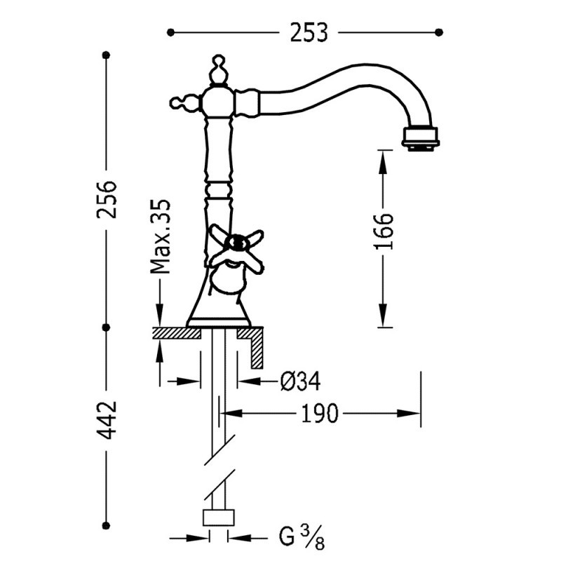 Tres Clasic bateria umywalkowa dwuuchwytowa retro wysoka stal 242.109.02.AC