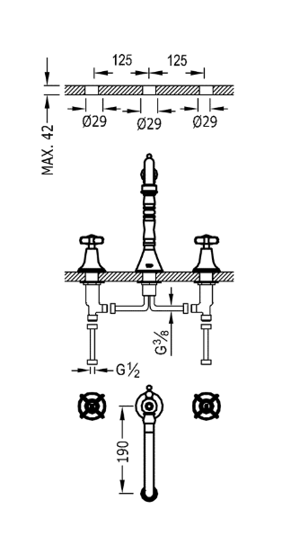 Tres Clasic bateria umywalkowa dwuuchwytowa retro złoty polerowany 242.105.01.OR