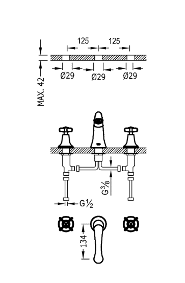 Tres Clasic bateria umywalkowa dwuuchwytowa retro stary mosiądz 242.106.01.LV
