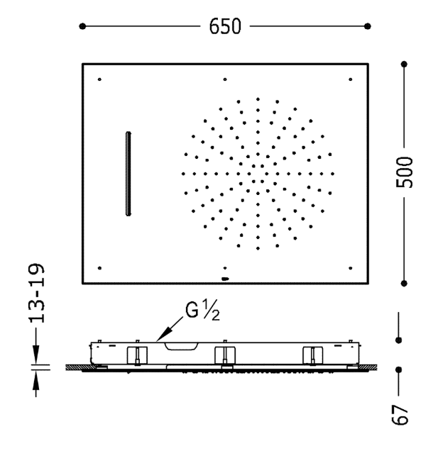 Tres deszczownica prostokątna 50x65 do mocowania sufitowego z kaskadą stal 299.970.01.AC