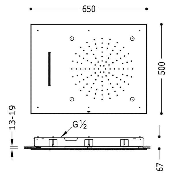 Tres deszczownica prostokątna 50x65 do mocowania sufitowego z kaskadą 3 strumienie chrom 299.971.01