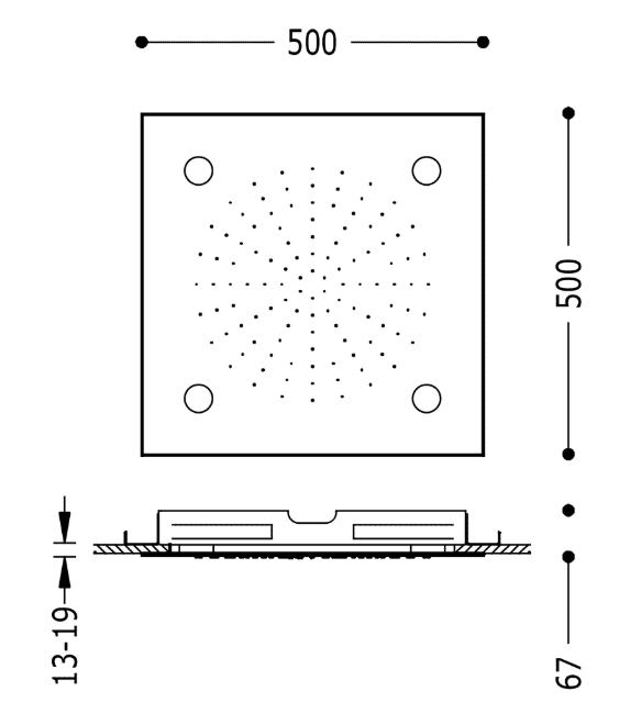 Tres deszczownica prostokątna 50x50 do mocowania sufitowego chromoterapia chrom 299.962.01