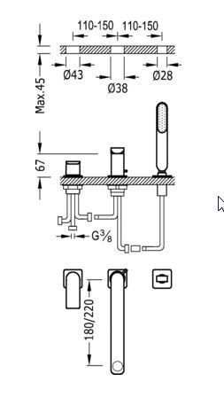 Tres Loft bateria wannowa trzyotworowa wylewka 22 cm złoty polerowany 200.162.01.OR
