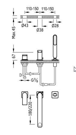 Tres Loft bateria wannowa trzyotworowa wylewka 18 cm złoty matowy 200.162.03.OM