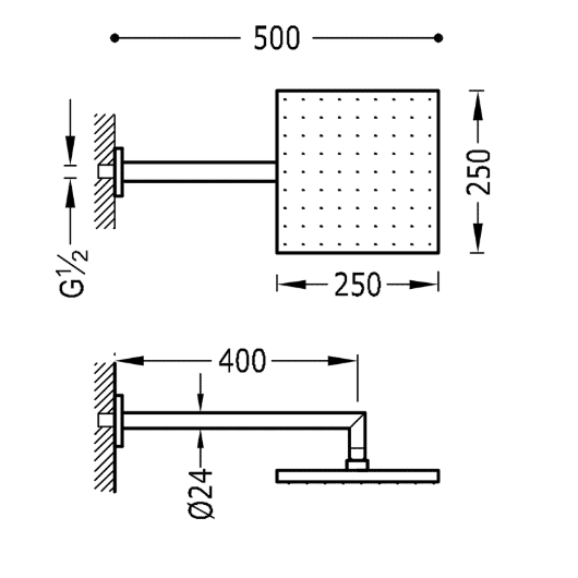 Tres deszczownica 25x25 z ramieniem ściennym chrom 034.231.01