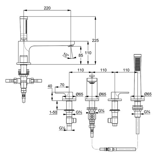 Kludi Zenta SL czterootworowa bateria wannowo-natryskowa chrom 484240565