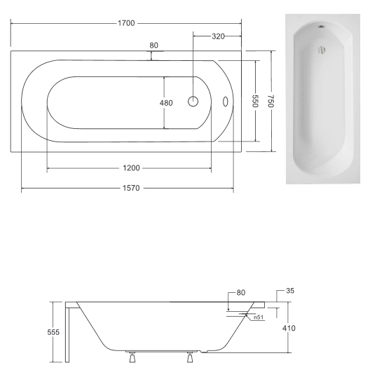 BESCO Intrica wanna prostokątna 170x75 akryl biały WAIN-170-PK