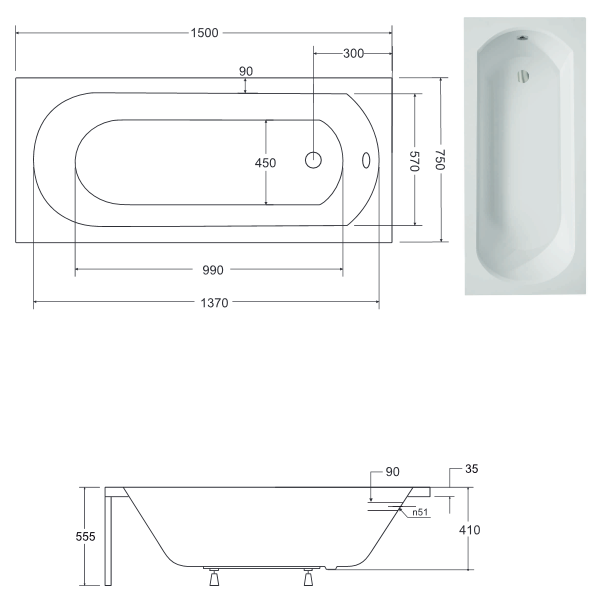 BESCO Intrica wanna prostokątna 150x75 akryl biały WAIN-150-PK