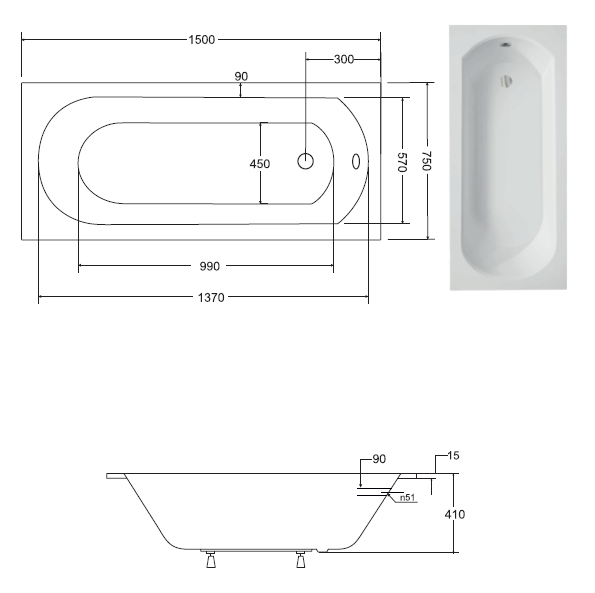 BESCO Intrica Slim wanna prostokątna 150x75 akryl biały WAIN-150-SL