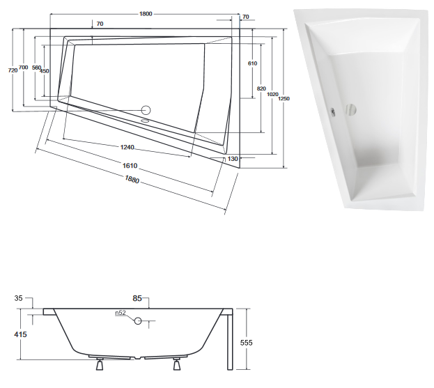 BESCO Intima Duo wanna asymetryczna prawa 180x125 akryl biały WAID-180-NP