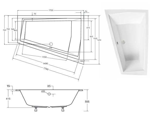 BESCO Intima Duo Slim wanna asymetryczna lewa 170x125 akryl biały WAID-170-SL