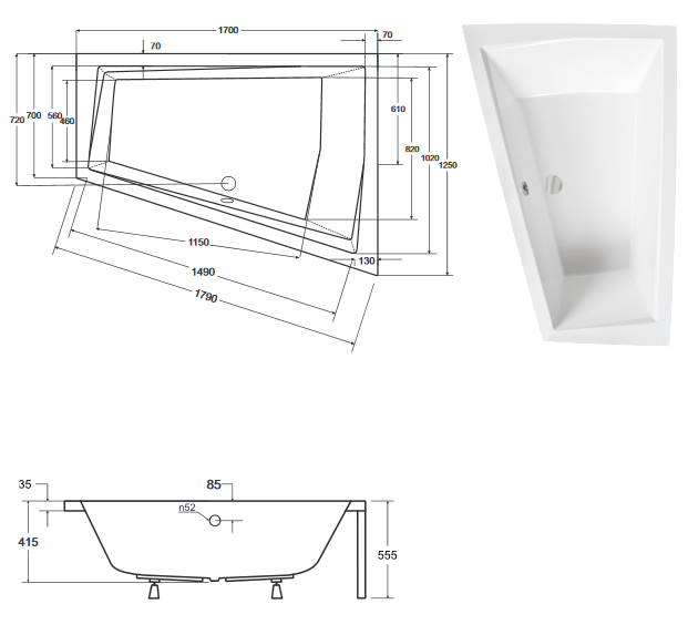 BESCO Intima Duo wanna asymetryczna lewa 170x125 akryl biały WAID-170-NL