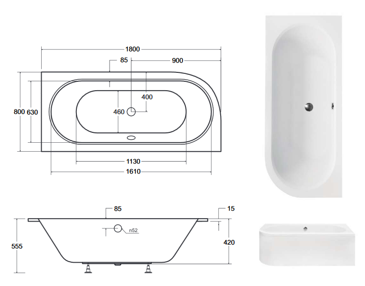 BESCO Avita Slim wanna asymetryczna prawa 180x80 akryl biały WAV-180-NPS