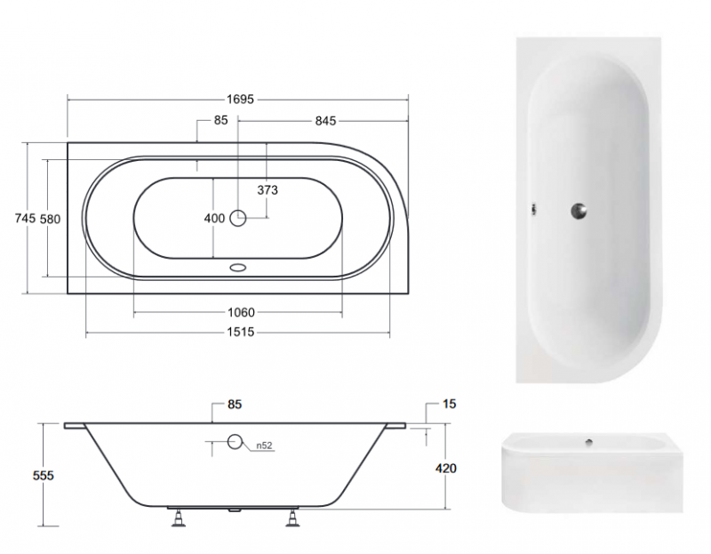 BESCO Avita Slim wanna asymetryczna prawa 170x75 akryl biały WAV-170-NPS
