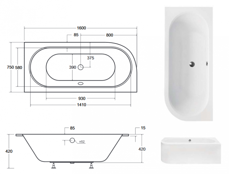 BESCO Avita Slim wanna asymetryczna prawa 160x75 akryl biały WAV-160-NPS