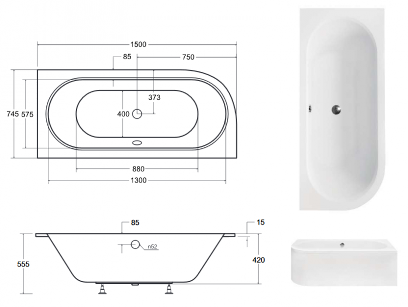 BESCO Avita Slim wanna asymetryczna prawa 150x75 akryl biały WAV-150-NPS