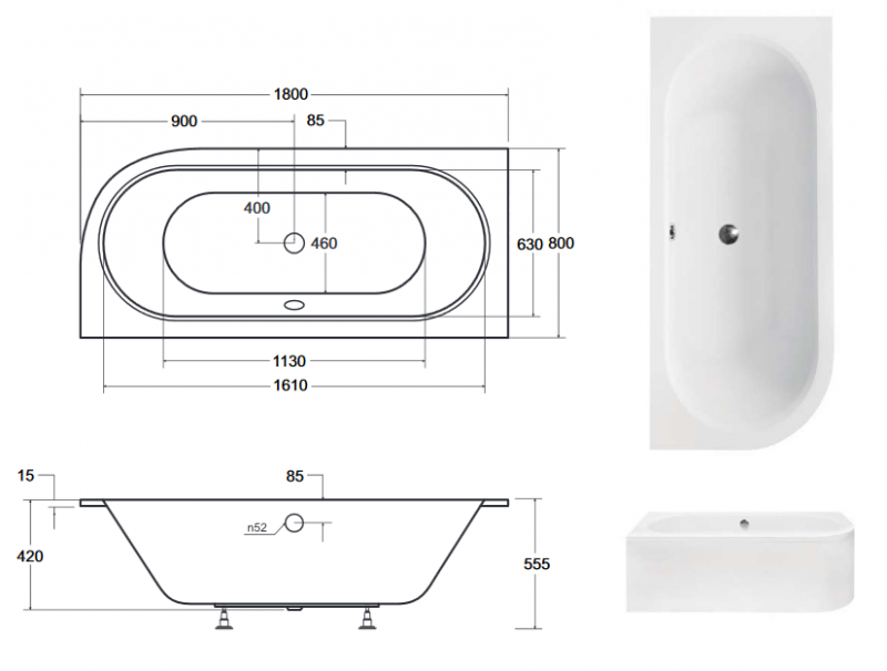 BESCO Avita Slim wanna asymetryczna lewa 180x80 akryl biały WAV-180-NLS