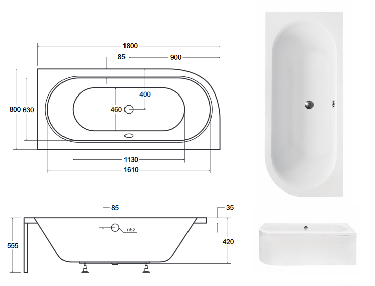 BESCO Avita wanna asymetryczna prawa 180x80 akryl biały WAV-180-NP