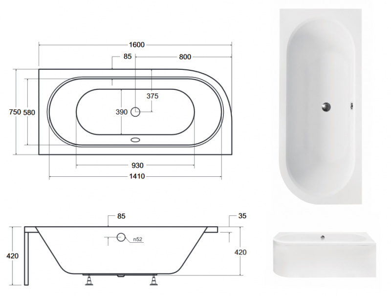 BESCO Avita wanna asymetryczna prawa 160x75 akryl biały WAV-160-NP