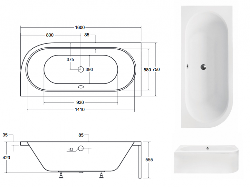 BESCO Avita wanna asymetryczna lewa 160x75 akryl biały WAV-160-NL