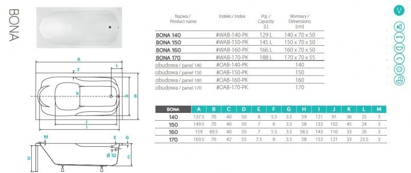 PMD Piramida Bona wanna prostokątna 180x80 biały WAB-180-PK