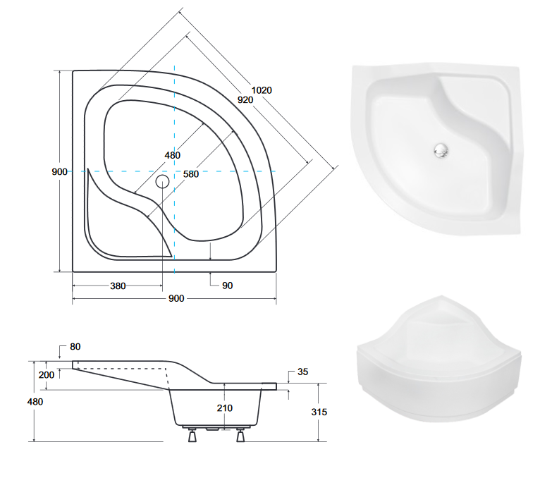BESCO Oliver II 90 brodzik półokrągły narożny 90x90 akryl biały BAO-90-II