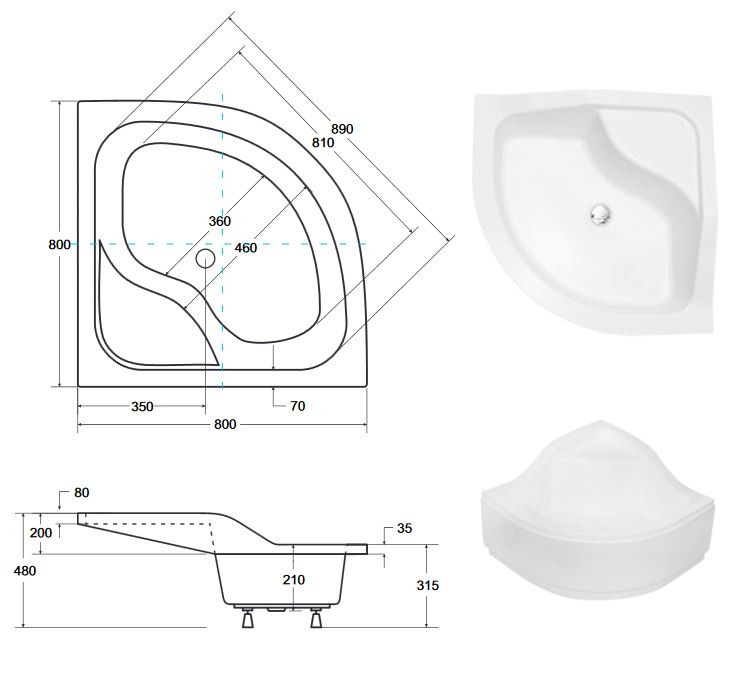 BESCO Oliver II 80 brodzik półokrągły narożny 80x80 akryl biały BAO-80-II
