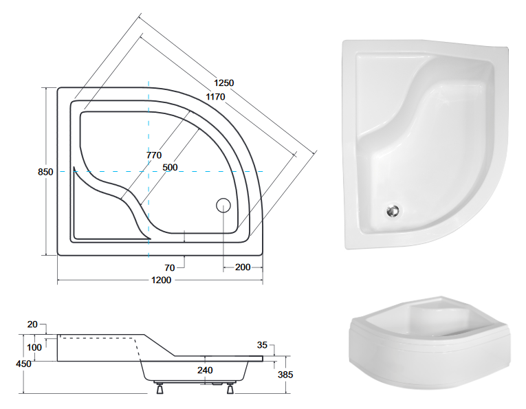 BESCO Maxi brodzik półokrągły prawy 120x80 akryl biały BAM-120-NP