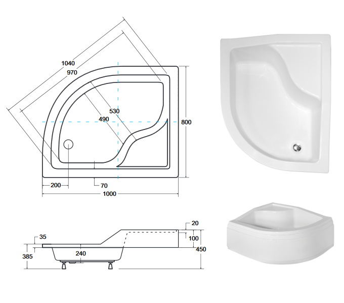 BESCO Maxi brodzik półokrągły lewy 100x80 akryl biały BAM-100-NL