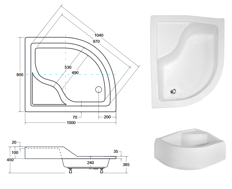 BESCO Maxi brodzik półokrągły prawy 100x80 akryl biały BAM-100-NP