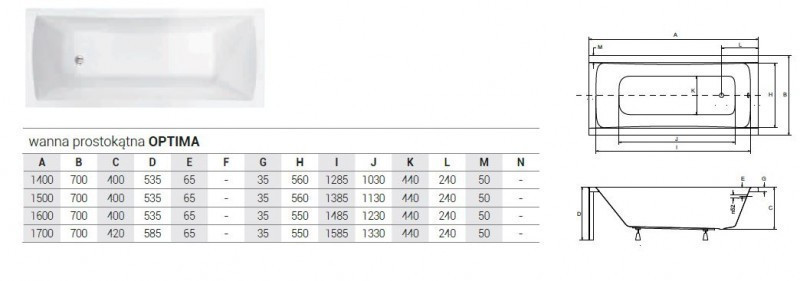 BESCO Optima Premium wanna prostokątna z zagłówkiem i uchwytami 170x70 WAO-170-PKP