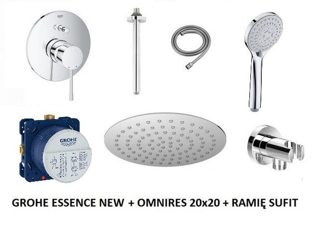 Grohe Essence New Smartbox + Omnires zestaw podtynkowy z deszczownicą 20x20 i ramieniem sufitowym kompletny 24058001NAT04