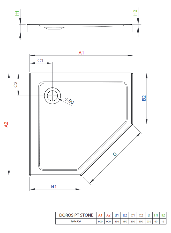 Radaway Doros PT Stone brodzik pentagonalny akrylowy 90x90 biały SDRPT9090-01-04S