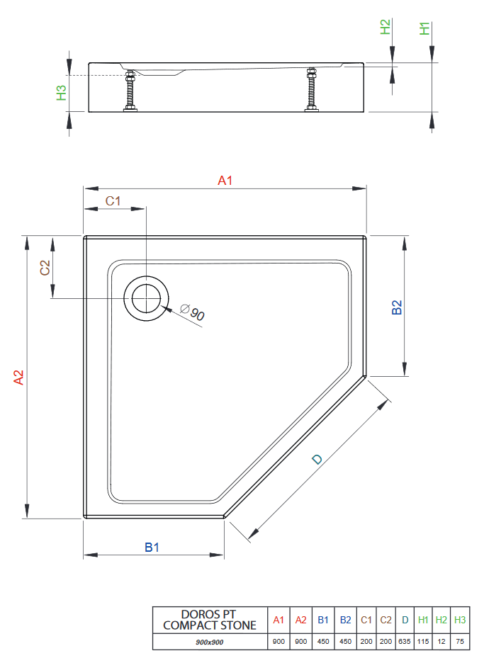Radaway Doros PT Compact Stone brodzik pentagonalny akrylowy 90x90 biały SDRPTP9090-05-04S