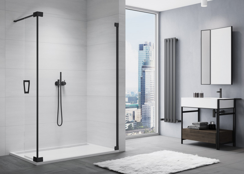 Sanswiss Cadura Black Line CADUO kabina typu Walk-In z ruchomym skrzydłem 140 cm prawa czarny mat przeźroczyste Aquaperle CADUOD1400607