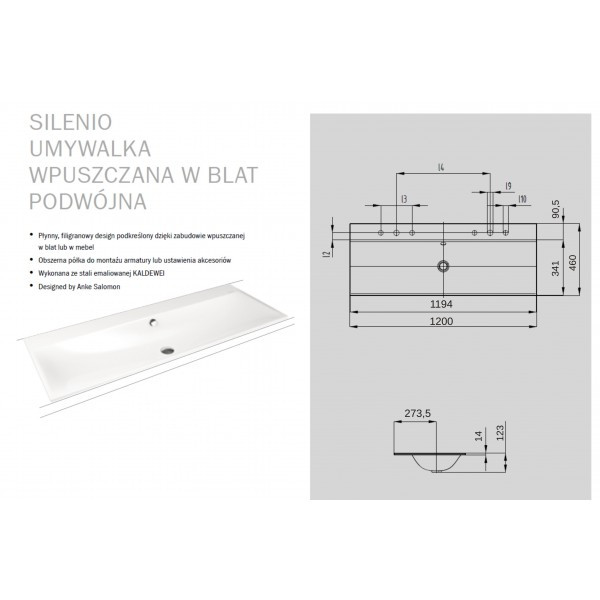 Kaldewei Silenio umywalka wpuszczana w blat z 2 otworami z przelewem 120x46 cm 3039-D 907906043001