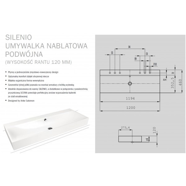 Kaldewei Silenio umywalka nablatowa podwójna z 2 otworami z przelewem 120x46 cm wys. rantu 120 mm 3049-D 906406043001