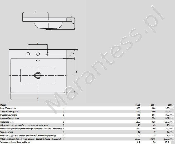 Kaldewei Puro umywalka nablatowa z otworami pod baterię przelewem 90x46 cm wys. rantu 40 mm 3154 900506033001