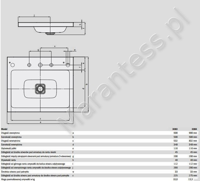 Kaldewei Cono umywalka nablatowa z otworami, bez przelewu 90x50 cm wys. rantu 40 mm 3084 902006013001