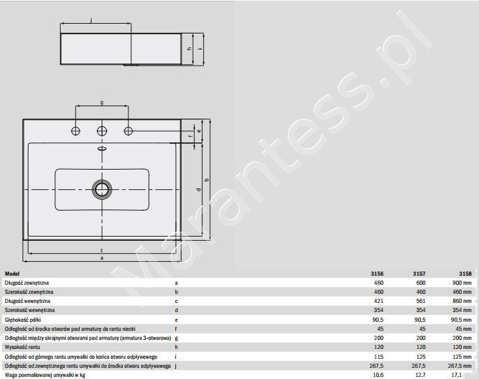 Kaldewei Puro umywalka nablatowa z otworami z przelewem 46x46 cm wys. rantu 120 mm 3156 900606033001