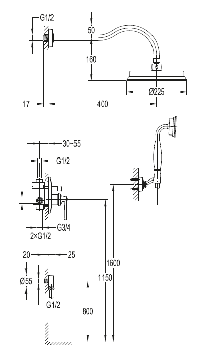 Omnires Armance zestaw prysznicowy podtynkowy z deszczownicą retro złoty SYSAM20GL