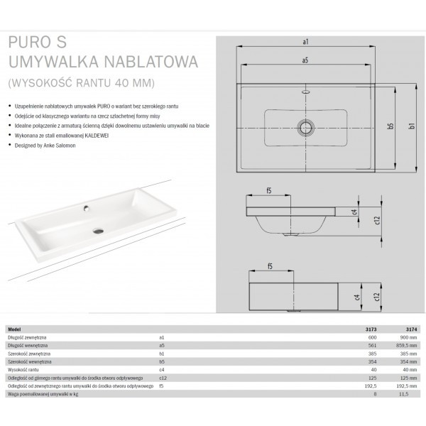 Kaldewei Puro S umywalka wpuszczana w blat z przelewem 90x38,5 cm wys. rantu 40mm 3174 909006003001