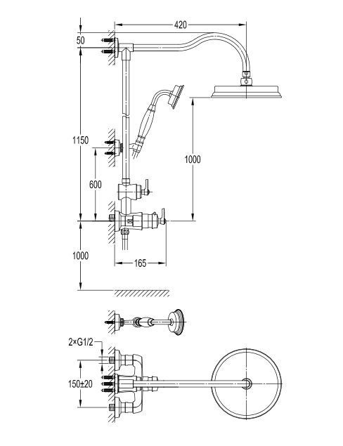 Omnires Armance kolumna prysznicowa termostatyczna z deszczownicą retro złoty AM5244/6GL