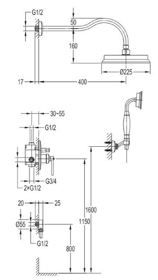 Omnires Armance zestaw prysznicowy podtynkowy z drążkiem i deszczownicą retro złoty AM5244GL