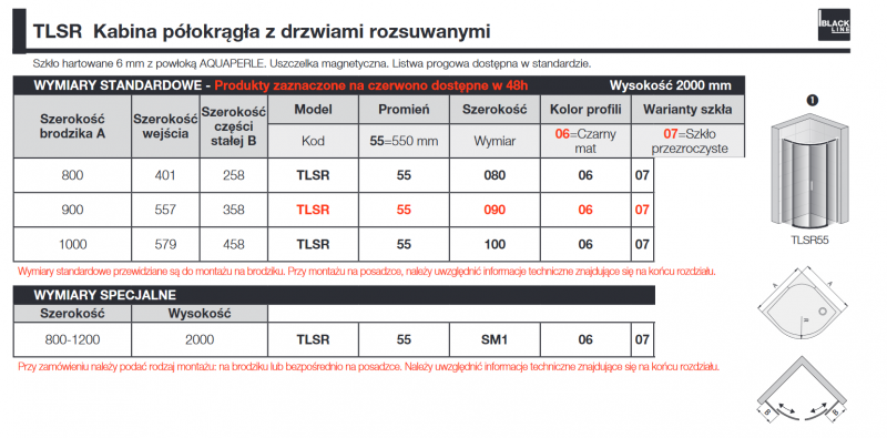 Sanswiss Top Line Black Line TLSR kabina półokrągła 80x80 cm drzwi przesuwne czarny mat przeźroczyste TLSR550800607