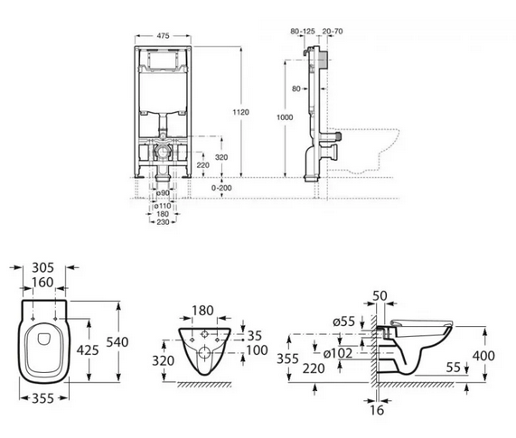 Roca Zestaw podtynkowy DUPLO ONE+ miska WC podwieszana Debba Square Rimless + deska woloopadająca A893104450