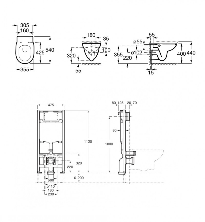 Roca Zestaw podtynkowy DUPLO ONE+ miska WC podwieszana Debba Round Rimpless + deska woloopadająca A893104440