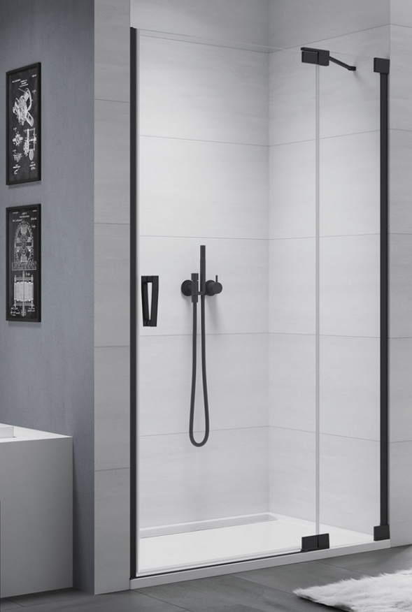 Sanswiss Cadura Black Line CA13 drzwi wahadłowe jednoczęściowe z elementem stałym prawe 75 cm do wnęki lub ścianki czarny mat przeźroczyste CA13D0750607