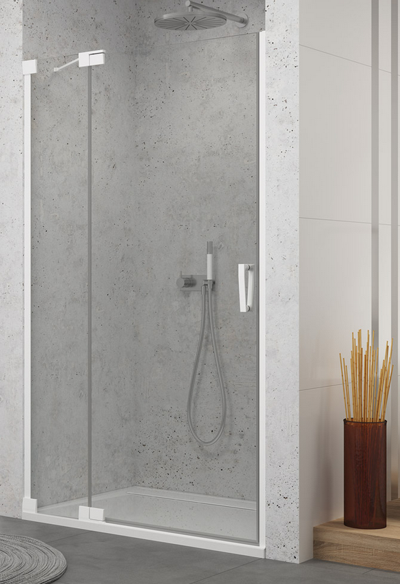 Sanswiss Cadura White Line CA13 drzwi wahadłowe jednoczęściowe z elementem stałym lewe 80 cm do wnęki lub ścianki biały mat przeźroczyste CA13G0800907